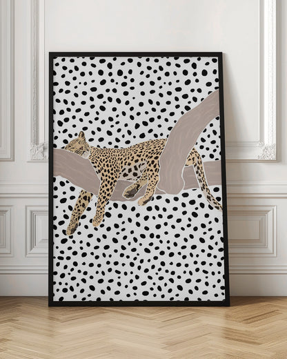 A graphic illustration of a spotted leopard sleeping on a smooth, tan tree branch. The entire background is a pattern of irregular black polka dots on a white field, creating a bold, modern aesthetic. Artwork