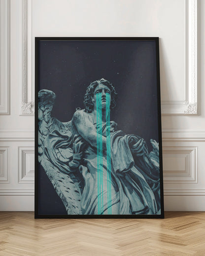 A low-angle shot of a grey stone statue of a weeping angel against a dark starry sky. Bright, stylized turquoise lines stream down from the angel's eyes, dripping over its body in a modern, graphic representation of tears. Poster