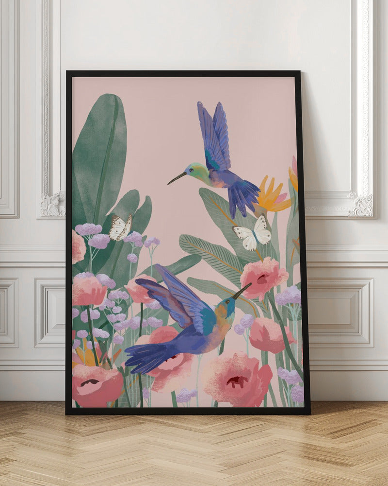 A vibrant illustration of two blue hummingbirds flying amongst pink poppies, lavender flowers, and large green tropical leaves against a soft pink background. Two white butterflies flutter nearby, creating a lively and colorful nature scene. Artwork