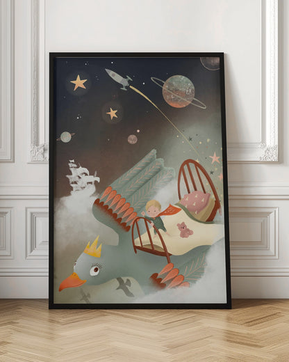 A whimsical children's illustration of a young boy in pajamas standing on his bed, which is being carried through a magical night sky by a giant, crowned bird. The background is filled with stars, planets, a rocket ship, and a pirate ship floating on clouds, creating a dreamy and adventurous scene. Poster