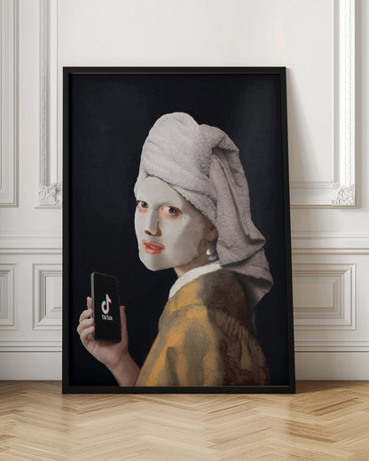 A humorous modern parody of Vermeer's 'Girl with a Pearl Earring,' where the subject wears a white clay face mask and a towel wrapped around her head, looking over her shoulder while holding a smartphone displaying the TikTok app. Decor