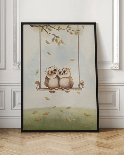 A charming vertical illustration of two cute cartoon owls, a couple, sitting together on a wooden swing hanging from a tree branch. Autumn leaves fall around them against a soft sky and a green grassy field. Artwork