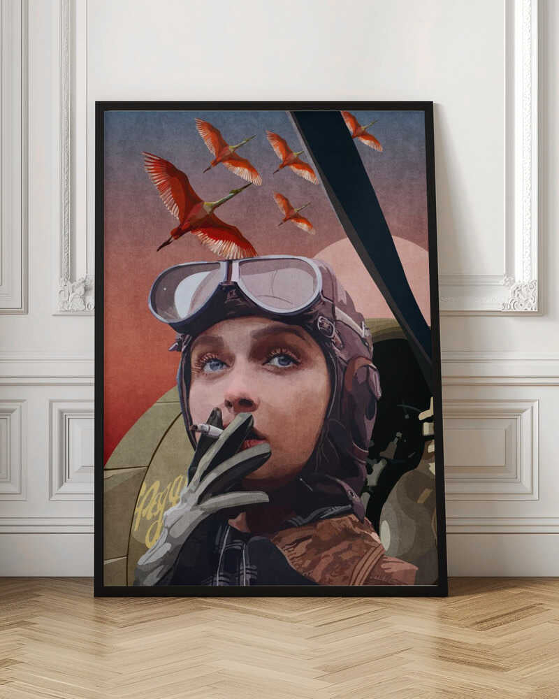 A framed vintage-style illustration of a female aviator with striking blue eyes, wearing a leather helmet and goggles. She holds a cigarette to her lips while looking up at a flock of bright red birds flying across a reddish-pink sky. Wall Art