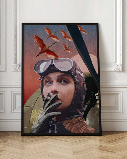 A framed vintage-style illustration of a female aviator with striking blue eyes, wearing a leather helmet and goggles. She holds a cigarette to her lips while looking up at a flock of bright red birds flying across a reddish-pink sky. Wall Art