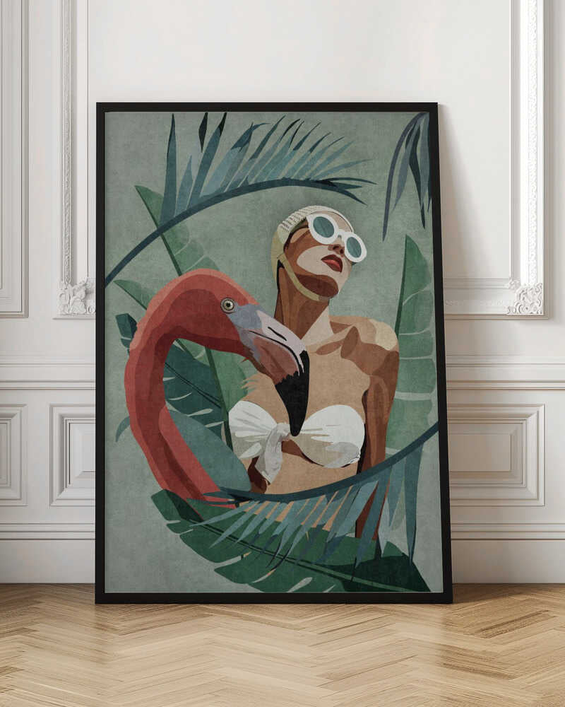 A stylized illustration of a woman in a white vintage swim cap and sunglasses, nestled among large tropical leaves. A pink flamingo stands beside her, its neck curving around her body, against a muted green background. Decor