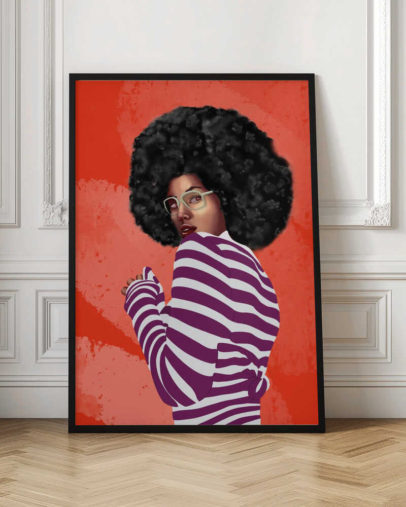 A digital illustration of a Black woman with a large afro, looking back over her shoulder. She wears white glasses and a purple and white striped shirt against a vibrant, textured red background. Artwork