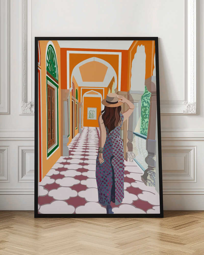 A stylized illustration of a woman from behind, wearing a fedora and a long patterned dress, as she walks down a vibrant orange arched hallway with a decorative cloud-patterned floor. Poster