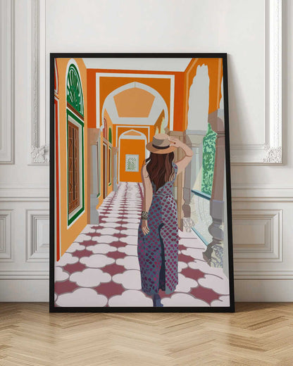 A stylized illustration of a woman from behind, wearing a fedora and a long patterned dress, as she walks down a vibrant orange arched hallway with a decorative cloud-patterned floor. Poster
