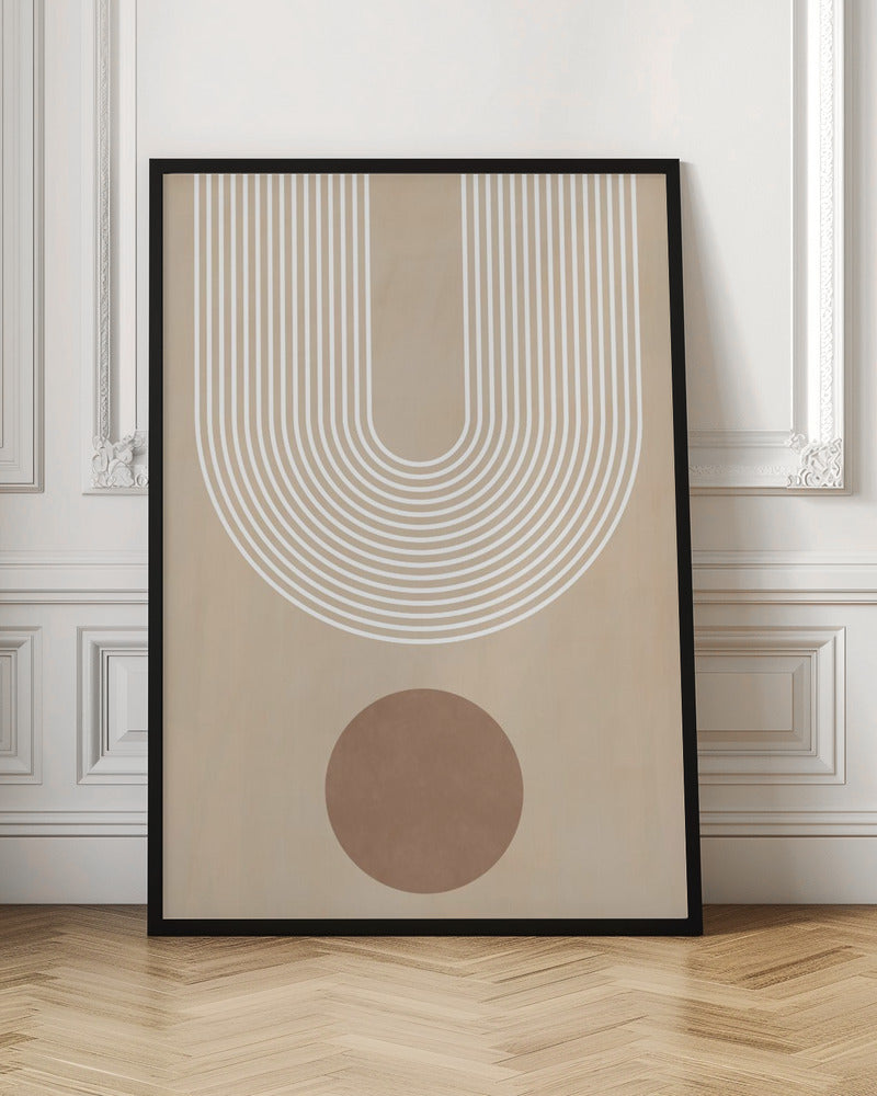 A minimalist abstract art print in a black frame, featuring a large U-shaped arch made of concentric white lines on a beige background. Below the arch, there is a solid brown circle. Artwork