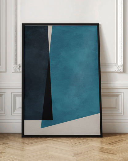An abstract modern art piece in a black frame, featuring a color block composition of large geometric shapes in navy blue, teal, black, and off-white, with a subtle textured finish. Print