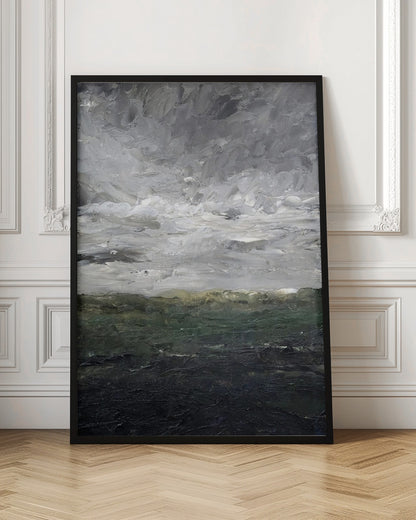An abstract, heavily textured oil painting of a stormy landscape, enclosed in a thin black frame. The top two-thirds feature a turbulent sky rendered in thick strokes of white, light grey, and dark grey. The bottom third depicts a dark sea or landmass in shades of deep green and black, with a hint of olive at the horizon. Artwork