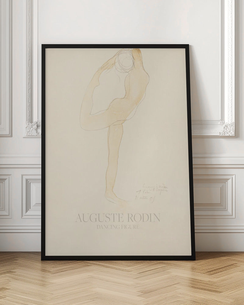 A framed art print of 'Dancing Figure' by Auguste Rodin. The artwork is a minimalist sketch with a light tan watercolor wash of a nude figure in a flexible, contorted dance pose on a cream-colored background. The artist's name and the title are printed at the bottom. Poster