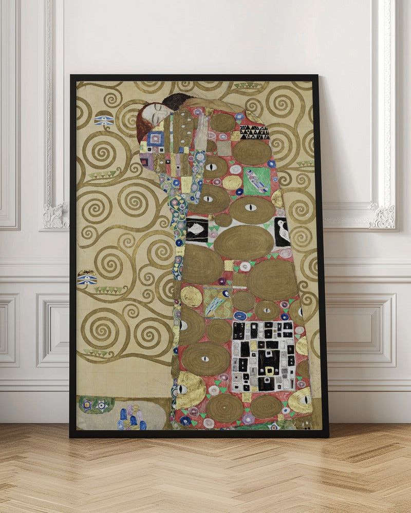 A vertical Art Nouveau painting by Gustav Klimt, featuring a detail of 'The Fulfilment'. A woman with closed eyes is enveloped in a decorative, mosaic-like robe filled with circular patterns, eyes, and geometric shapes against a red background. To the left, the golden, swirling branches of the Tree of Life stand against a cream-colored, patterned background. The artwork is rich in gold leaf and intricate detail, framed in black. Poster