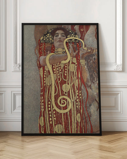 A painting by Gustav Klimt titled 'Hygeia', featuring a woman with red hair and a decorative headdress looking directly at the viewer. She is wearing an ornate red and gold patterned robe and has a large golden snake wrapped around her arms. Artwork