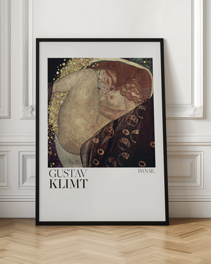 A poster of Gustav Klimt's 'Danae,' a famous Art Nouveau painting. It shows a nude woman with flowing red hair in a fetal position, enveloped by a shower of gold, set against a dark, ornate background. The poster has a white border with the artist's name and the title. Poster