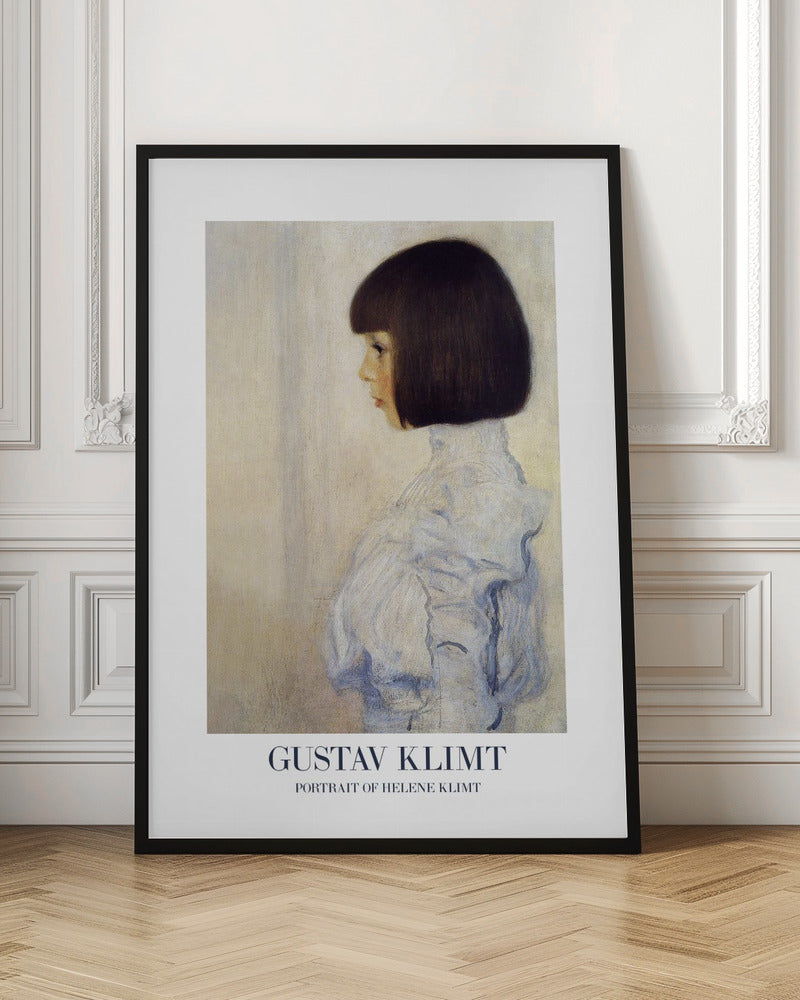 A framed art print of Gustav Klimt's 'Portrait of Helene Klimt'. The painting shows a young girl in profile with a dark bob haircut and a high-collared, ruffled light blue dress against a textured beige background. The artist's name and the painting's title are printed at the bottom. Wall Art
