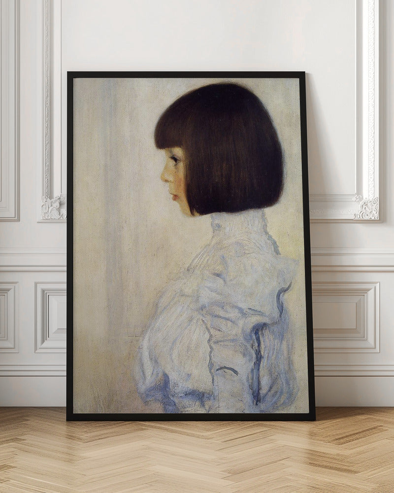 A classic framed portrait painting of a young girl in profile. She has dark brown hair in a sharp bob with bangs and is wearing a high-collared, ruffled light blue blouse against a plain, off-white background. Print