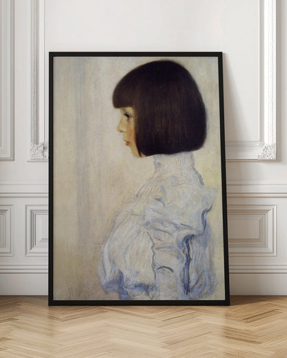 A classic framed portrait painting of a young girl in profile. She has dark brown hair in a sharp bob with bangs and is wearing a high-collared, ruffled light blue blouse against a plain, off-white background. Print