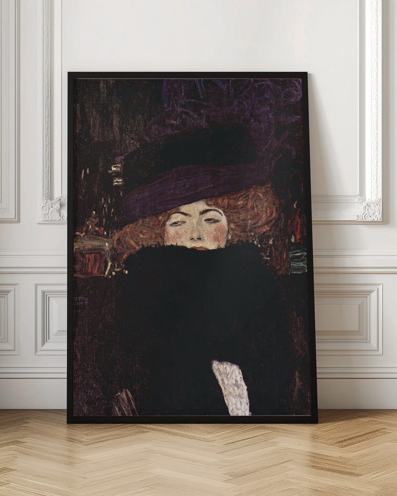 A classic portrait painting by Gustav Klimt of a woman with auburn hair wearing a large purple hat. A voluminous black fur boa covers the lower half of her face, with only her eyes, nose, and rosy cheeks visible as she stares directly at the viewer against a dark, moody background. Decor