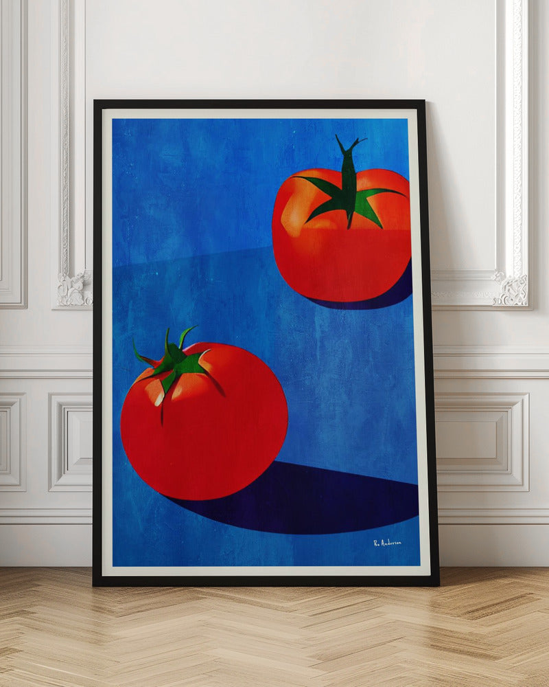 A vibrant, graphic-style painting of two ripe red tomatoes with green stems set against a textured, bold blue background. The tomatoes cast long, dark blue shadows, creating a high-contrast and modern still life. Decor