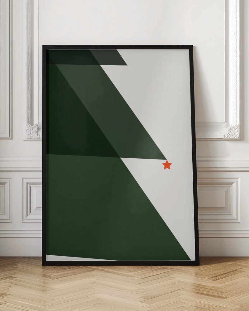 A minimalist abstract painting of a Christmas tree, created with large dark green triangles against a white background, accented with a single small red star. The artwork is presented in a simple black frame. Print