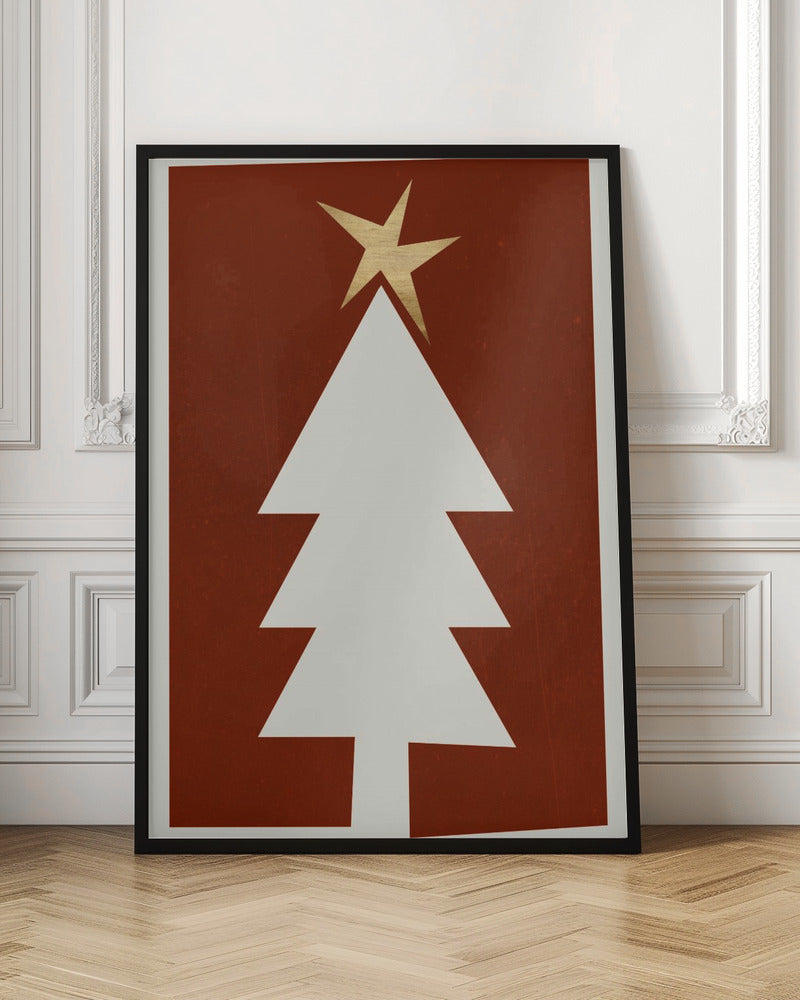 A minimalist graphic illustration of a white Christmas tree with a gold star on top, set against a dark red, textured background and framed in black. Artwork