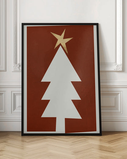 A minimalist graphic illustration of a white Christmas tree with a gold star on top, set against a dark red, textured background and framed in black. Artwork