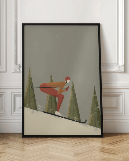 A minimalist illustration of a skier in a red and orange suit, tucked low while skiing down a snowy slope. Stylized green pine trees stand in the background against a muted gray sky with light snowfall, creating a vintage poster aesthetic. Wall Art