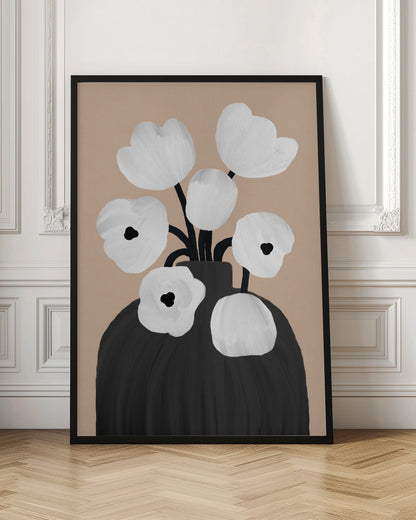A modern, minimalist painting of a bouquet of stylized white flowers with black centers, arranged in a large black vase. The background is a solid muted beige, creating a simple and elegant composition. Poster