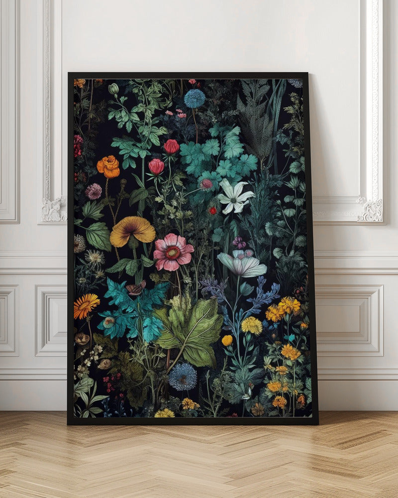 A vintage-style botanical illustration featuring a dense arrangement of colorful flowers and lush green foliage against a dark, dramatic background. Various species of flowers in shades of pink, orange, yellow, and blue are intricately detailed, creating a vibrant, tapestry-like effect. Poster