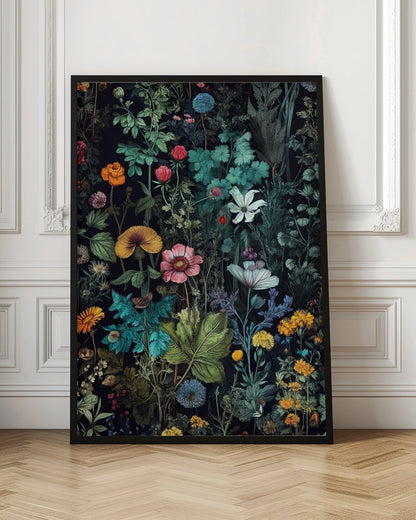 A vintage-style botanical illustration featuring a dense arrangement of colorful flowers and lush green foliage against a dark, dramatic background. Various species of flowers in shades of pink, orange, yellow, and blue are intricately detailed, creating a vibrant, tapestry-like effect. Poster