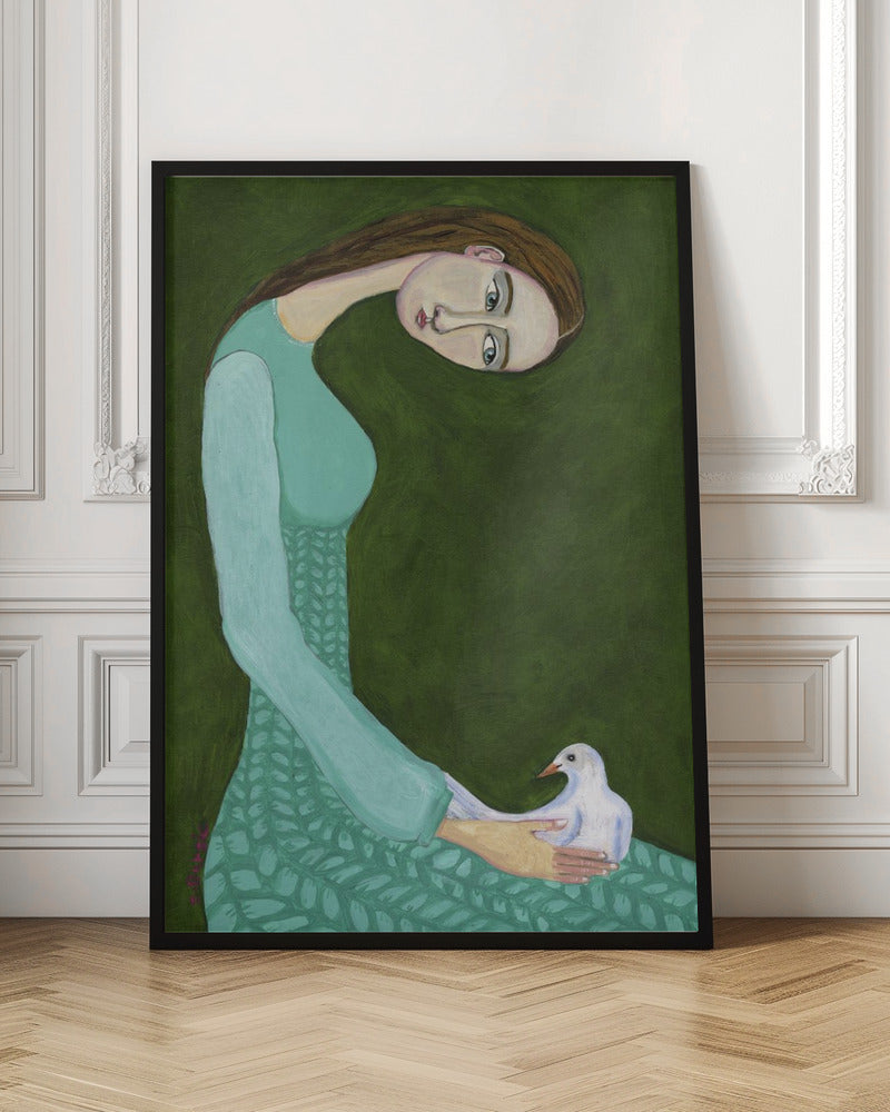 Lady sitting with white dove bird woman - Poster / Art Print