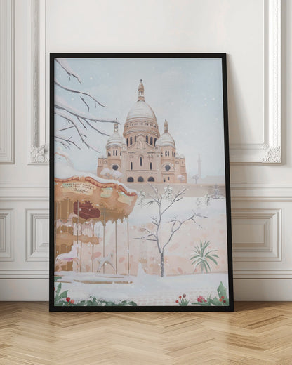 A vertical painting of the Sacré-Cœur Basilica in Paris on a snowy winter day. The scene is soft and pastel, with snow covering the ground, the basilica's domes, and tree branches. In the foreground, a vintage carousel is partially visible on the left. Artwork