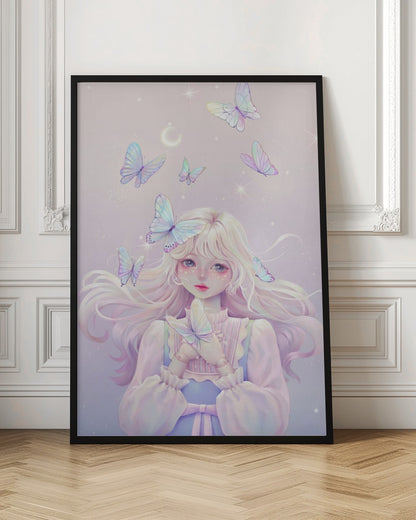 An ethereal anime-style illustration of a young girl with long, platinum blonde hair and large, expressive eyes. She has doll-like joints on her hands and is surrounded by several iridescent butterflies against a soft, sparkling lavender background with a crescent moon. One butterfly rests on her hair while she gently holds another. Poster
