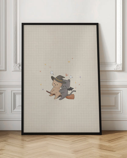 A cute, whimsical illustration of a tan bear in a witch hat and a gray cat with bat wings happily flying together on a broomstick, set against a beige grid paper background with tiny ghosts and stars. Poster