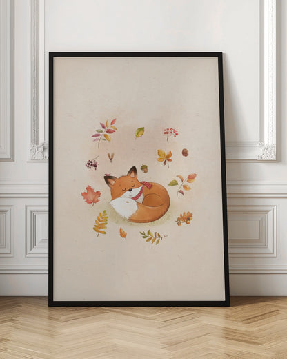 A charming watercolor illustration of a cute orange fox sleeping soundly, curled into a ball on a light beige background. The fox is wearing a cozy red and white striped scarf. Floating around the fox are various colorful autumn leaves, red berries, an acorn, and a small pinecone, creating a peaceful and whimsical fall scene. Decor