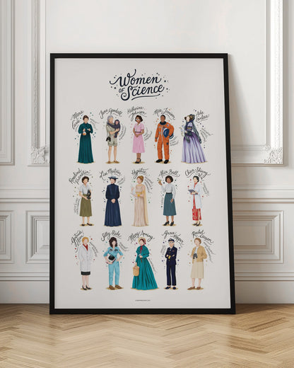 An illustrated poster titled 'Women of Science' featuring 15 influential female scientists throughout history. Each woman is depicted in full-length, with her name written in cursive above her, set against a light background and framed in black. Artwork