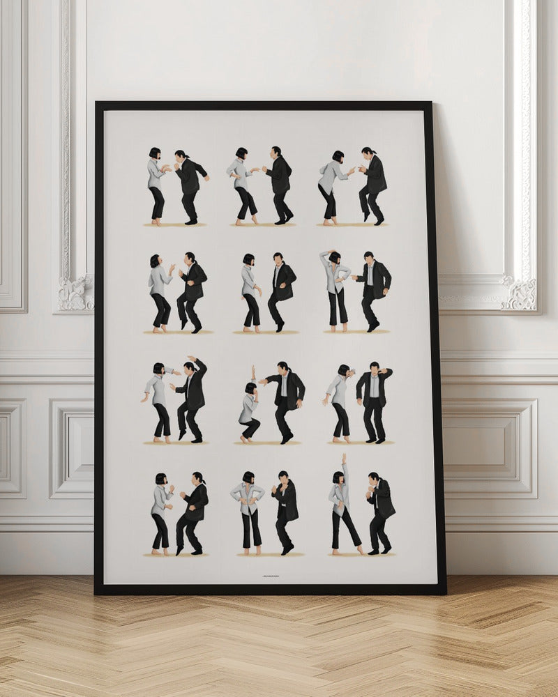 A minimalist art print in a black frame, featuring a grid of twelve illustrations depicting the iconic dance sequence from Pulp Fiction. Each illustration shows the characters Mia Wallace and Vincent Vega in different poses from their dance, set against a plain off-white background. Wall Art