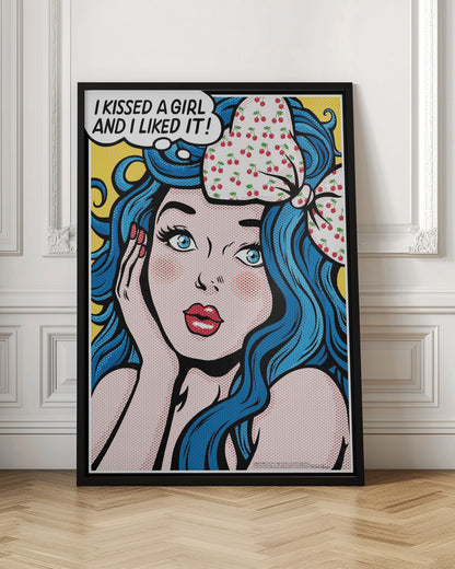 A pop art illustration of a woman with vibrant blue hair and a cherry-patterned bow, looking surprised with her hand on her cheek. A thought bubble above her says, 'I KISSED A GIRL AND I LIKED IT!' against a yellow background. Poster