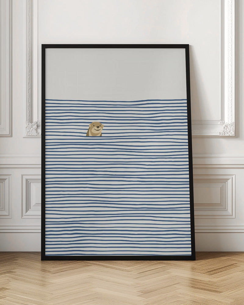 A minimalist illustration in a black frame featuring a cute, smiling otter peeking its head out of stylized water made of wavy, horizontal blue stripes on an off-white background. Decor