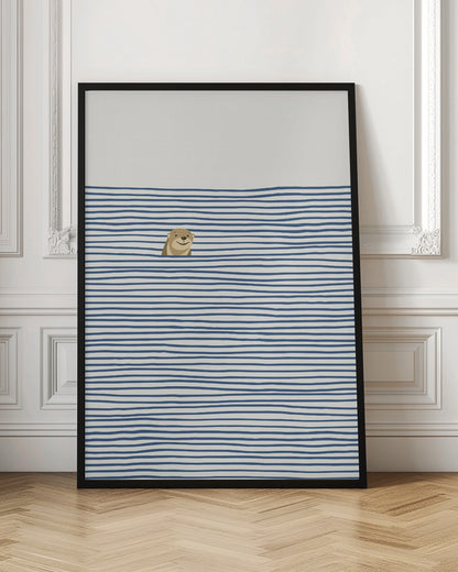 A minimalist illustration in a black frame featuring a cute, smiling otter peeking its head out of stylized water made of wavy, horizontal blue stripes on an off-white background. Decor