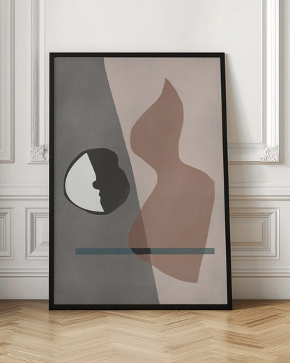 A modern abstract artwork in a black frame, featuring a composition of layered shapes in muted tones. The background is split between gray and pale pink, with a black and white circular element showing a face profile, a large translucent brown organic shape, and a horizontal teal line. Decor