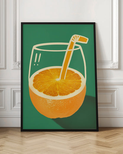A surrealist pop-art style illustration of an orange fruit that doubles as a glass of orange juice. The bottom half is a photorealistic orange, while the top half is a simple white line drawing of a glass. An orange-colored cartoon straw sticks out from the center of the orange. The entire image is set against a solid dark green background. Decor