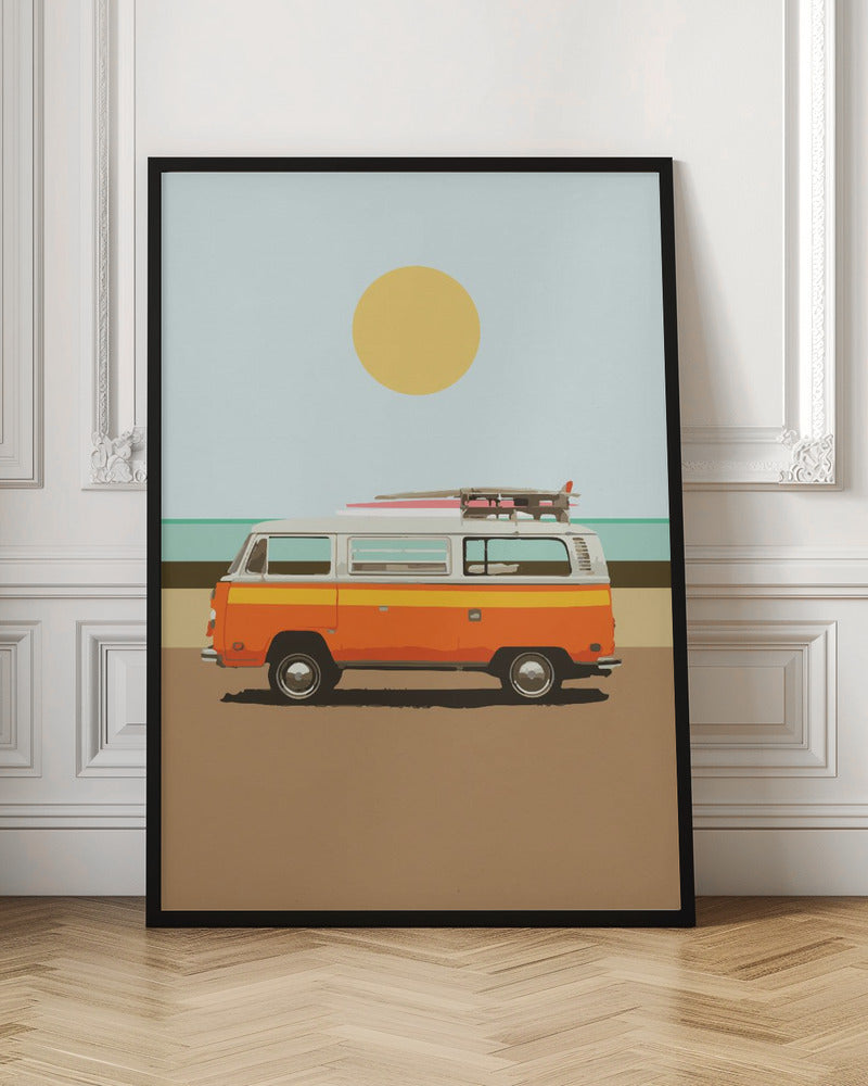 A minimalist art print of a vintage orange and white camper van parked on a sandy beach. Surfboards are strapped to the roof, and in the background, the ocean meets a light blue sky with a large yellow sun. Decor