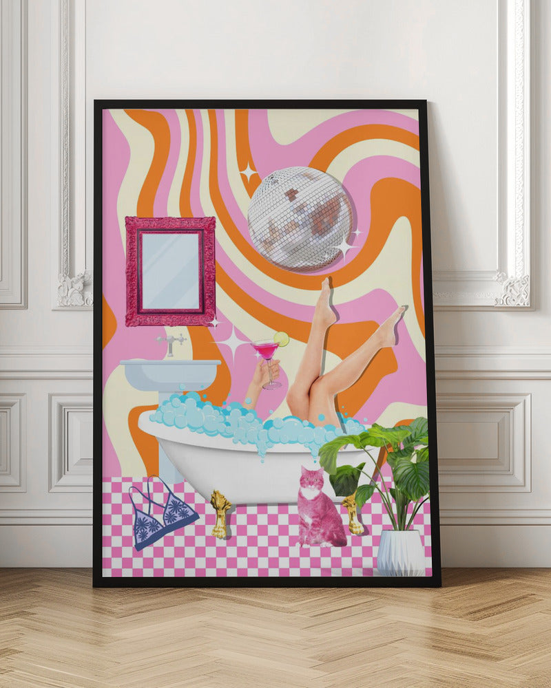 A funky, retro-style collage of a bathroom scene. A woman's legs are up in the air out of a bubble bath while she holds a pink cocktail. A disco ball hangs above, against a psychedelic background of wavy pink, orange, and cream stripes. A pink cat sits on the pink and white checkered floor next to the tub. Decor
