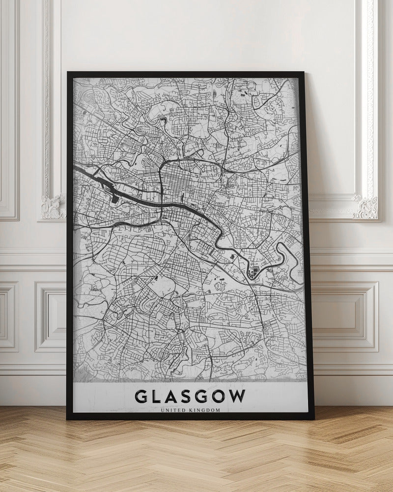 A minimalist black and white art print of a Glasgow city map, featuring a detailed network of streets and the River Clyde, all enclosed in a simple black frame. The city name 'GLASGOW' is displayed in bold at the bottom. Wall Art