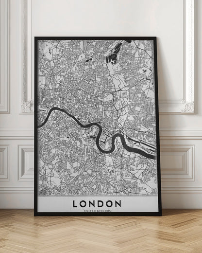 A minimalist black and white map of London, featuring the River Thames snaking through a detailed network of streets. The map is enclosed in a simple black frame, with the word 'LONDON' printed in a bold, modern font at the bottom. Artwork