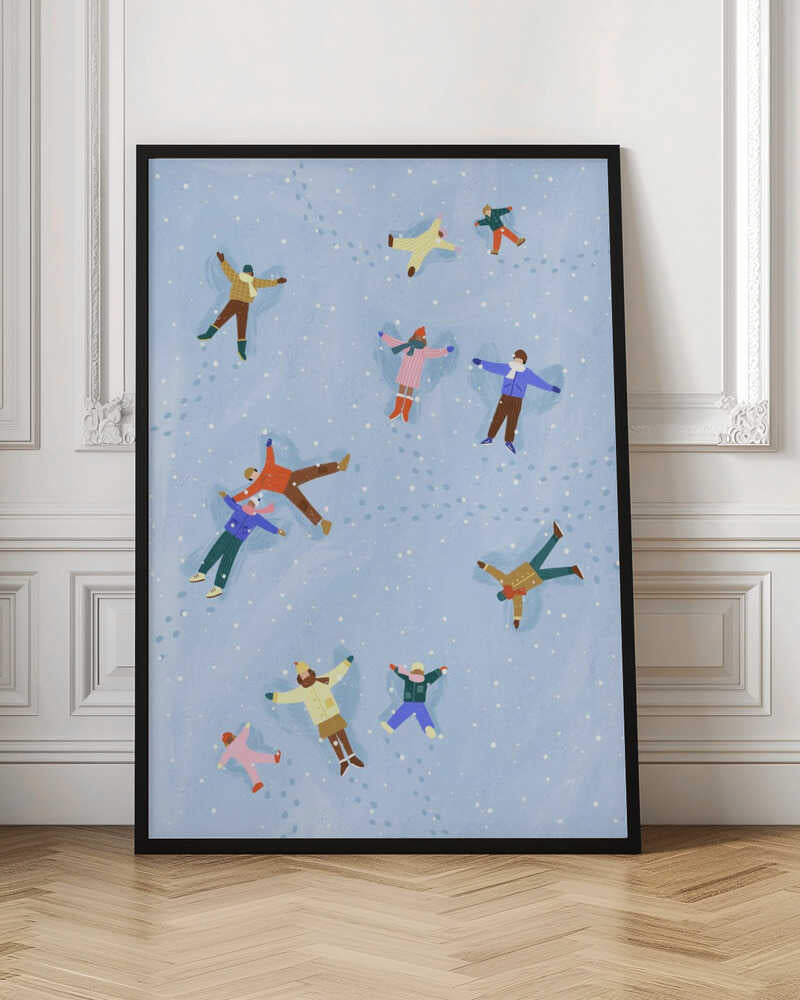 An overhead view illustration of several people, both adults and children, lying in the snow making snow angels. They are all wearing colorful winter clothes, and light snow is falling against a pale blue background. Footprints are visible in the snow between the figures. Artwork