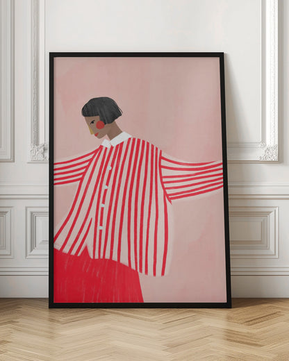 A stylized illustration of a person with a short black bob haircut, wearing an oversized, vertically striped red and white shirt. They are looking down and to the side against a solid light pink background, with their arms outstretched. Artwork
