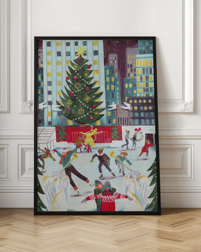 A festive, colorful painting of a bustling city ice rink at Christmas, with a giant decorated tree towering over skaters against a backdrop of illuminated skyscrapers at night. Print